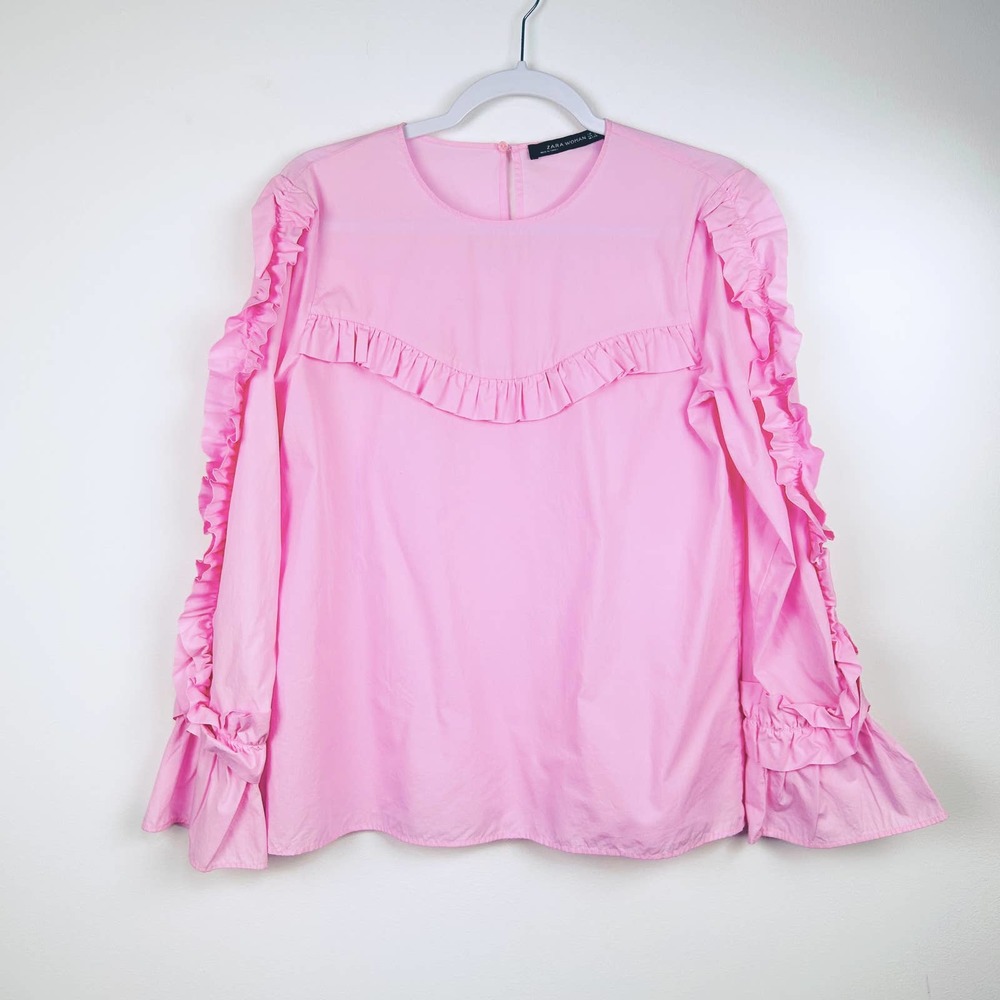 Zara Pink Ruffle Long Sleeved Blouse Professional Career Wear Cotton Size Small